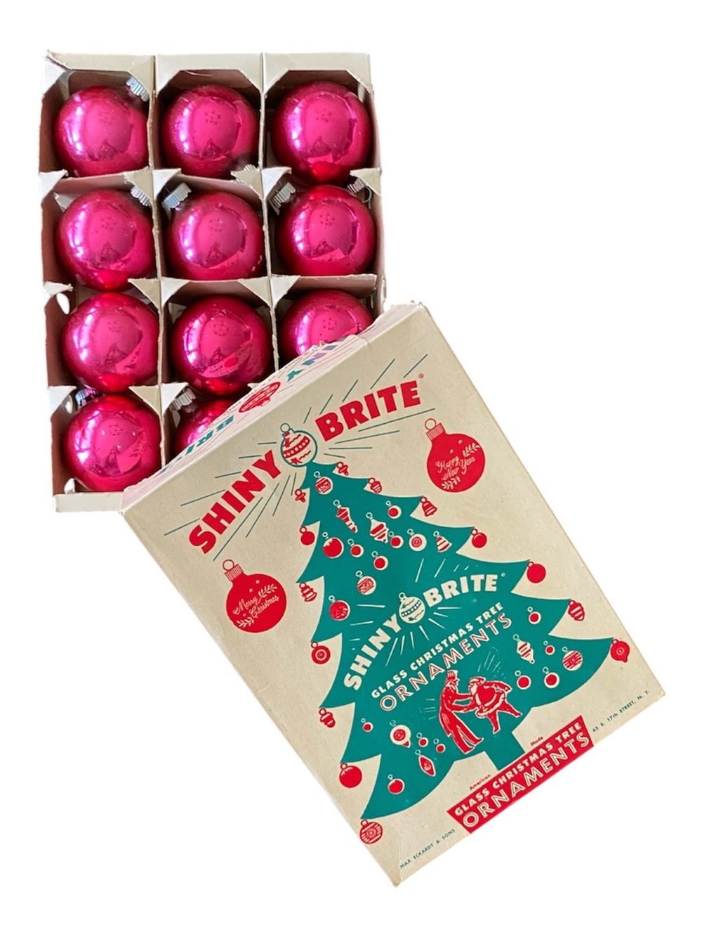 Vintage Shiny Brite Pink Glass Christmas Ornaments 1 Box 12 Mercury MCM USA 50s